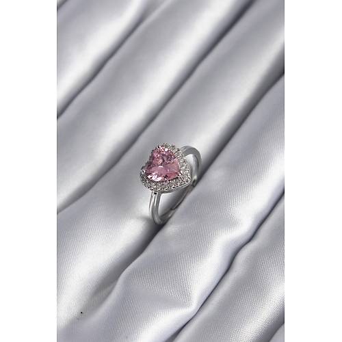 Pirin� G�m�� Renk Pembe Zirkon Ta� Kalp Charm Model Kad�n Y�z�k