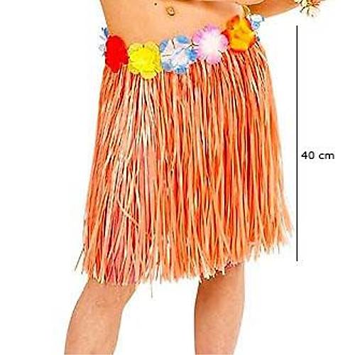 Yeti�kin ve �ocuk Uyumlu Turuncu Renk P�sk�ll� Hawaii Luau Hula Etek 40 cm