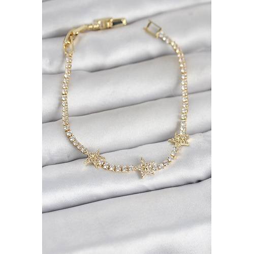 Pirin� Gold Renk Minimal Y�ld�z Model Zirkon Ta�l� Su Yolu Kad�n Bileklik