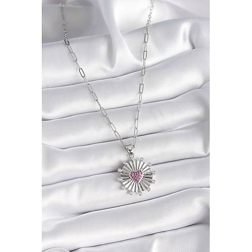 316L �elik G�m�� Renk Pembe Zirkon Ta�l� Kalp ��leme Madalyon Model Kad�n Kolye