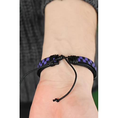 Mor Renk Damal� Deri Erkek Bileklik