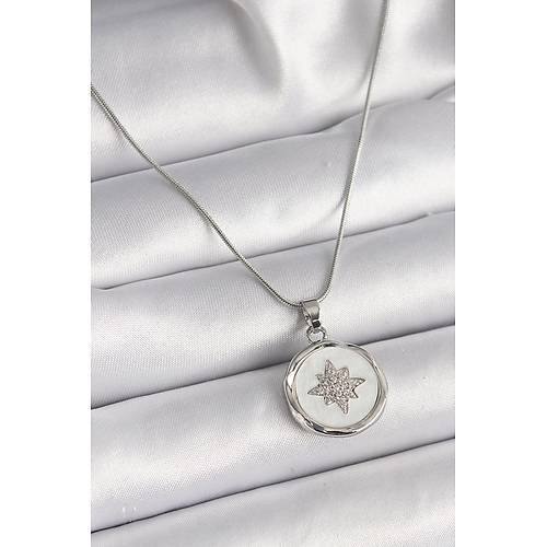 316L �elik G�m�� Renk Zincir Beyaz Sedefli Zirkon Ta�l� Y�ld�z ��leme Model Kad�n Kolye