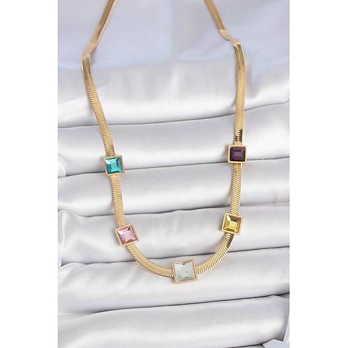 316L �elik Gold Renk �talyan Zincir Model Kare Renkli Zirkon Ta�l� Kad�n Kolye