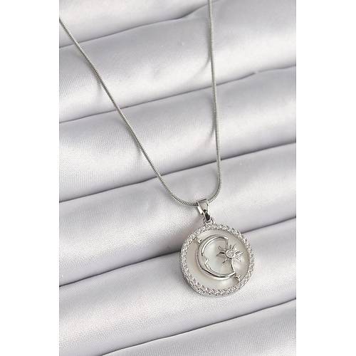 316L �elik G�m�� Renk Zincir Zirkon Ta� Detayl� Beyaz Sedefli Ay Y�ld�z ��leme Kad�n Kolye