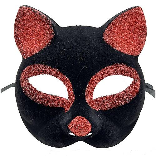 Siyah Renk K�rm�z� Simli S�et Kaplama Kedi Maskesi 18x14 cm