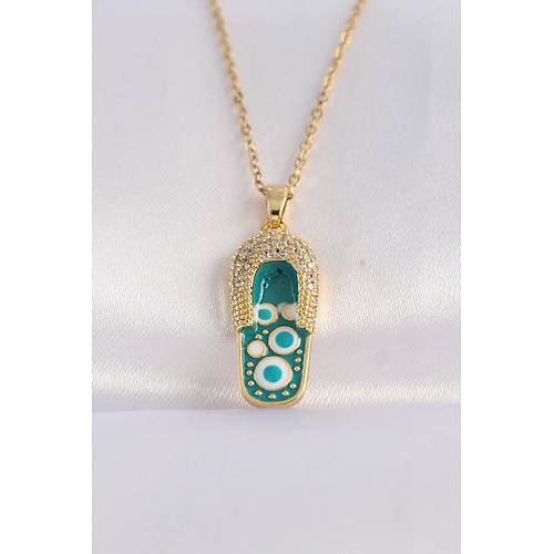 316L �elik Zincir Zirkon Ta�l� Alt�n Renk Nazarl� Terlik Tasar�ml� Kolye