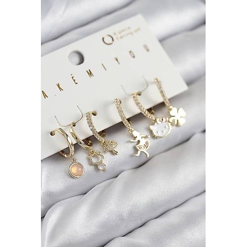 Pirin� Zirkon Ta�l� Hello Kity Ve Yonca Model Gold Renk 6'l� K�pe Set