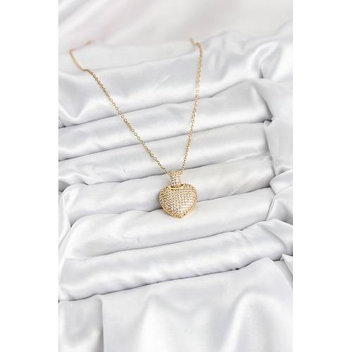 316L �elik Zincir Gold Renk Zirkon Ta�l� Kalpli Kad�n Kolye