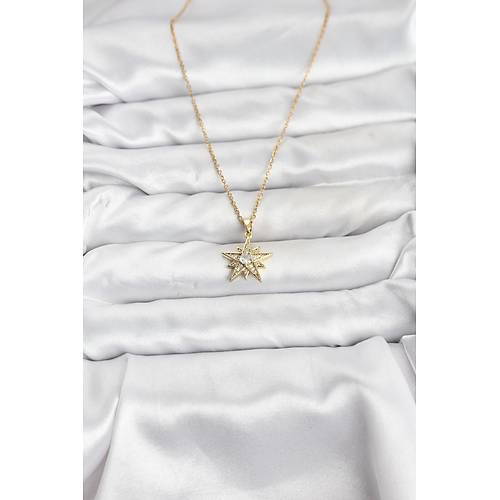316L �elik Zincir Gold Renk Y�ld�z Model Zirkon Ta�l� Kad�n Kolye