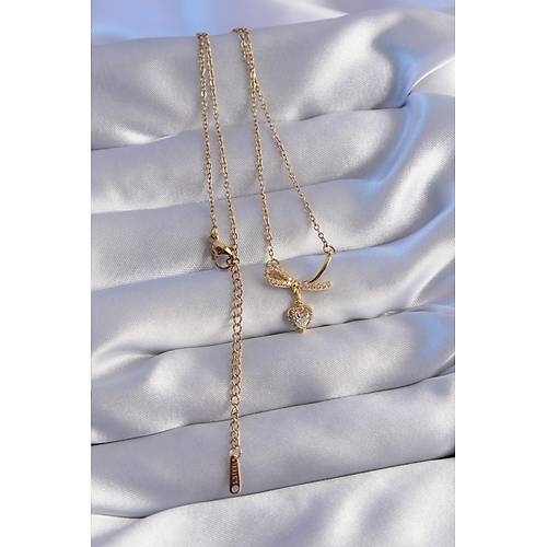 316L �elik Zincir Gold Renk Zirkon Ta�l� Yar�m Fiyonk Kalp Kolye