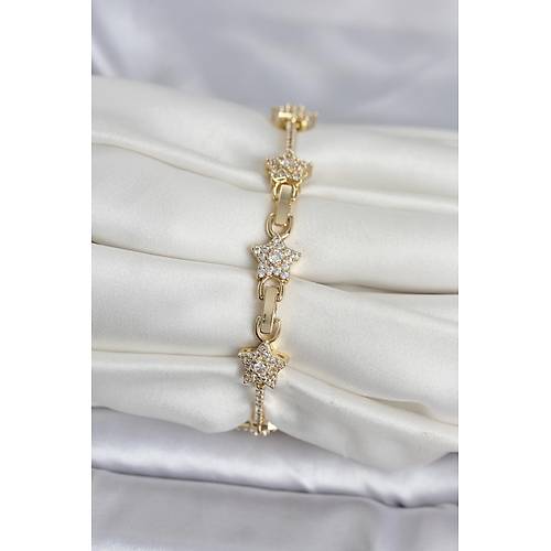 Pirin� Gold Renk Y�ld�z Model Zirkon Ta�l� Kad�n Bileklik
