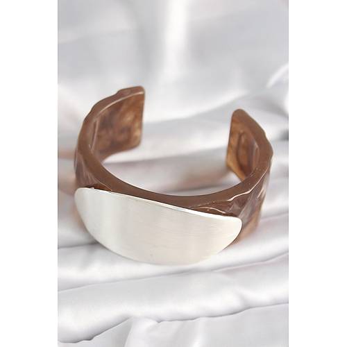 Kahverengi Mermer Desen Akrilik Plastik G�m�� Oval Plaka Model Vintage Kad�n Bilezik