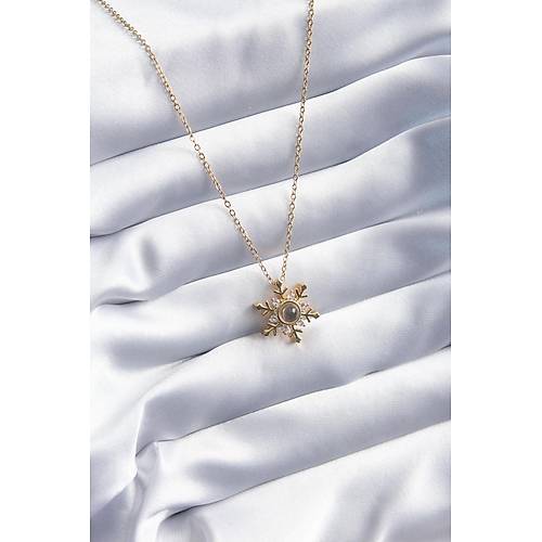 316L �elik Gold Renk Zirkon Ta�l� Kar Tanesi Projeksiyon Model Kad�n Kolye