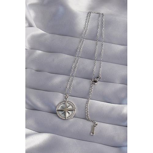 316L �elik Zincir G�m�� Renk Zirkon Ta�l� Kutup Y�ld�z� Kolye