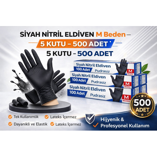 Siyah Nitril Eldiven M Beden Pudras�z 5 Kutu Tek Kullan�ml�k Lateks ��ermeyen Dayan�kl� Koruyucu Eldiven Seti