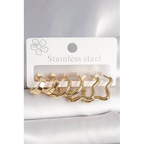 316L �elik Gold Renk Y�ld�z Halka Model Kad�n K�pe Seti