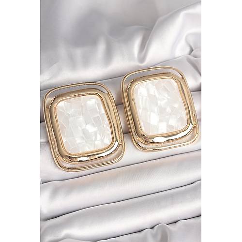 Pirin� Gold Renk Beyaz Mineli Kare Model Kad�n K�pe