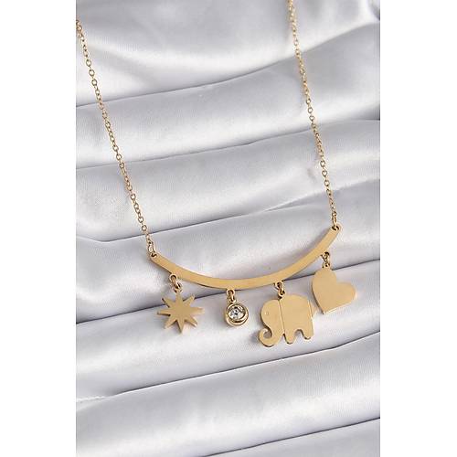 316L �elik Gold Renk Fil Fig�r Zirkon Ta� Detay Kad�n Kolye