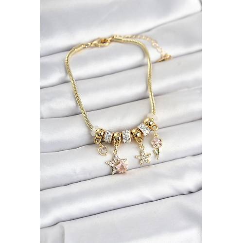 Pirin� Gold Renk Y�ld�z ve �i�ek Detayl� Charml� Kad�n Bileklik