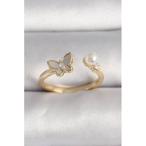 Pirin� Gold Renk Zirkon Ta� Detayl� Beyaz Mineli Kelebek Model �nci Detay Ayarlanabilir Y�z�k