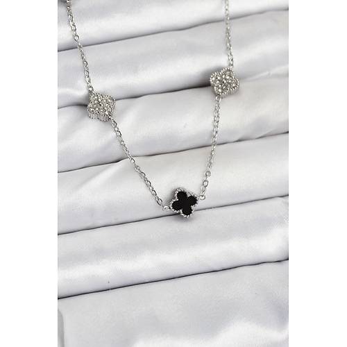 316L �elik Zincir G�m�� Renk Siyah ve Zirkon Ta�l� Baby Boy Yonca Kad�n Kolye