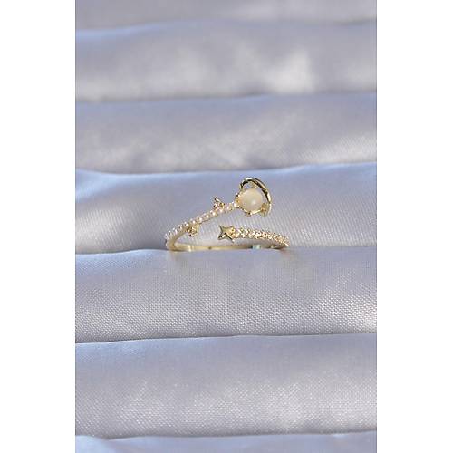 Pirin� Gold Renk Zirkon Ta�l� �ncili Sat�rn Model Ayarlanabilir Y�z�k