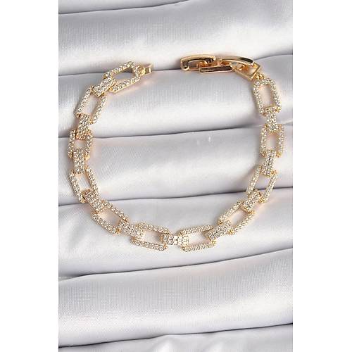 Pirin� Gold Renk Zirkon Ta�l� Zincir Model VIP Seri Kad�n Bileklik