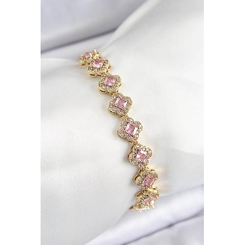 Pirin� Zirkon Ta�l� Pembe Yonca Baget Model Gold Renk VIP Seri Kad�n Bileklik