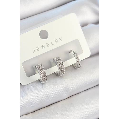 Pirin� Zirkon Ta�l� Halka Model G�m�� Renk 3'l� �ift Kad�n K�pe Set