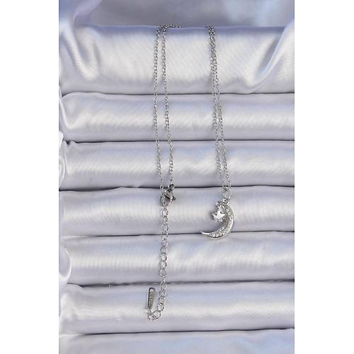 316L �elik Zincir G�m�� Renk Zirkon Ta�l� Sallant�l� Ay Y�ld�z Kolye