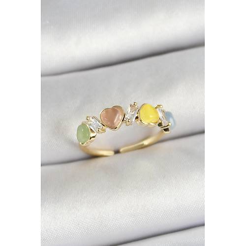 Pirin� S�ral� Kalp Fig�rl� Zirkon Ta�l� Gold Renk Ayarlanabilir Kad�n Y�z�k