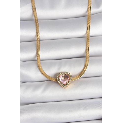 316L �elik Gold Renk �talyan Zincir Pembe Zirkon Ta�l� Kalp Model Kad�n Kolye
