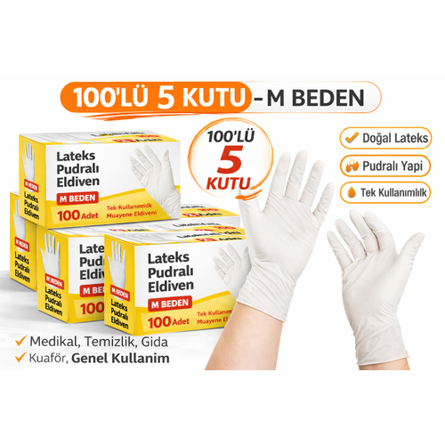 Lateks Pudral� Eldiven M Beden 100�l� 5 Kutu Toplam 500 Adet Tek Kullan�ml�k Muayene Eldiveni Do�al Lateks Koruyucu Eldiven