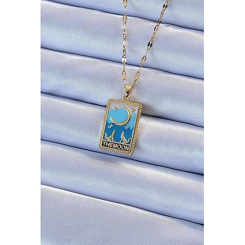 316L �elik Zincir Alt�n Renk Mavi Mineli Ay Fig�r Tarot Kolye