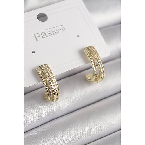 Pirin� Gold Renk Zirkon Ta�l� Yar�m Halka Model Kad�n K�pe