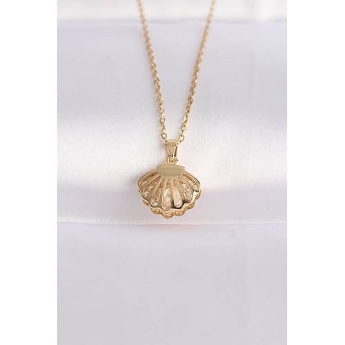 316L �elik Zincir Alt�n Renk Zirkon Ta�l� �nci Detay �stiridye Kolye