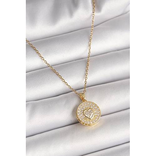 316L �elik Gold Renk Zincir Madalyon Zirkon Ta�l� Kalp Model Kad�n Kolye