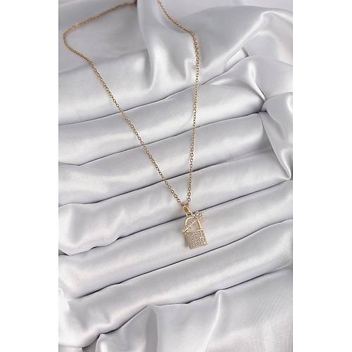 316L �elik Gold Renk Zincir Zirkon Ta�l� Asma Kilit Anahtar Model Kad�n Kolye