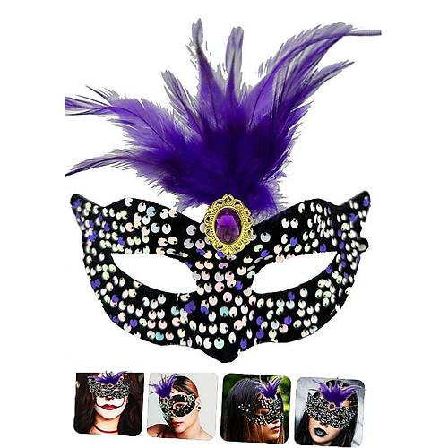 Siyah Kadife �zeri Rengarenk Payetli Pullu Mor T�yl� Mor Ta�l� Parti Maskesi 19x21 cm
