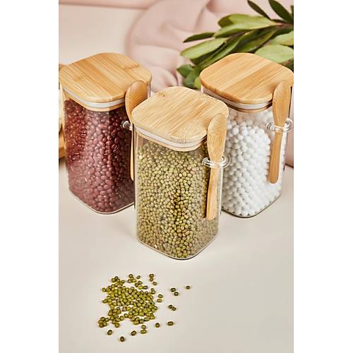 3�l� Bambu Ka��kl� Cam Kavanoz Seti Baharatl�k Saklama D�zenleme Kavanozu 700 ml