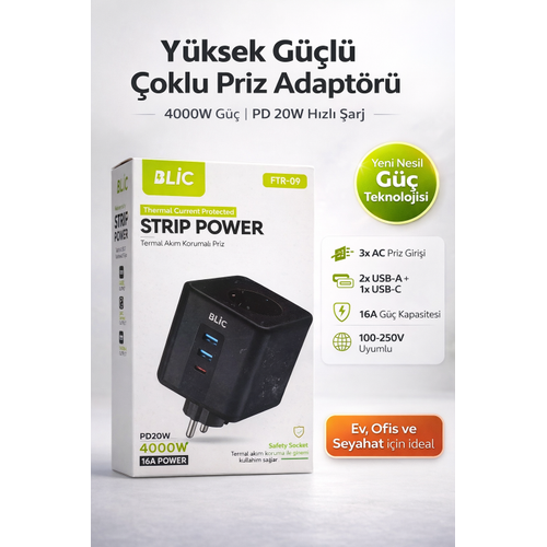 Blic FTR-09 Ak�m Korumal� �oklu Priz 4000W 16A USB ve Type-C H�zl� �arj �zellikli �oklay�c� Priz