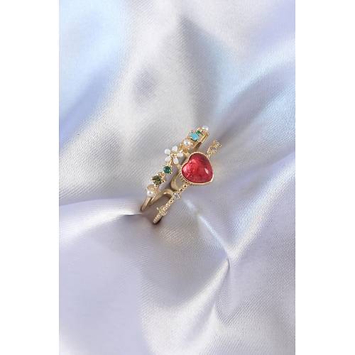 Gold Renk K�rm�z� Zirkon Ta� Kalp Model Pirin� Kad�n Y�z�k