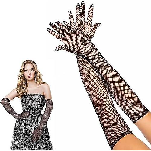 Siyah Renk �ncili Elmas ��lemeli File �rg� Uzun Eldiven 45 cm