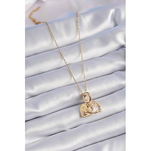 316L �elik Gold Renk Zirkon Ta�l� Sonsuzluk Kalp Fig�r Charm Model Kad�n Kolye
