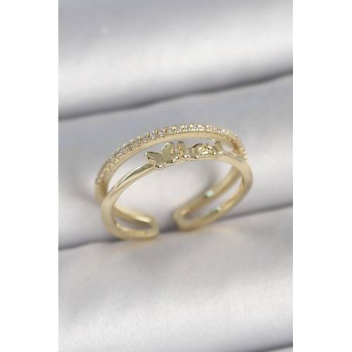 Pirin� Gold Renk 2'Li S�ra Zirkon Ta� Detayl� Kelebek Fig�rl� Ayarlanabilir Model Kad�n Y�z�k
