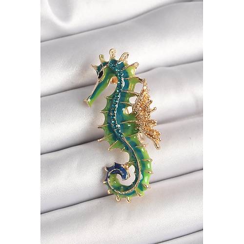 Pirin� Gold Renk Ye�il Deniz At� Model Zirkon Ta� Detay Kad�n Bro�