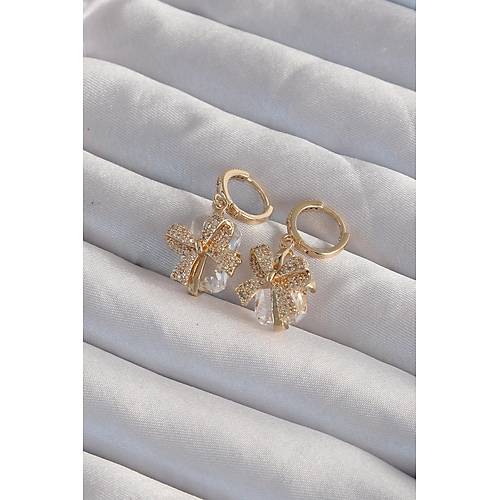 Pirin� Gold Renk �ri Zirkon Ta�l� Fiyonk Model Halka K�pe