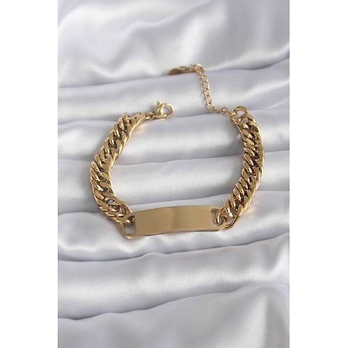 316L �elik Gold Renk �sim Yaz�labilir Plaka Model Kad�n Bileklik