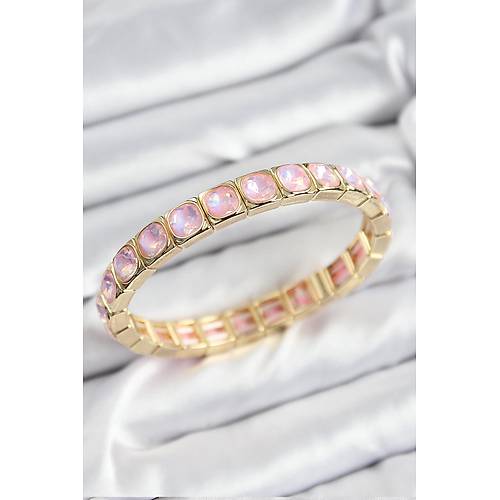 Pirin� Pembe Zirkon Ta�l� Kare Model Gold Renk Lastikli Kad�n Bileklik