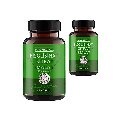 Magnezyum 2 Kutu Bisglisinat magnezyum sitrat malat & vitamin b2 B3 B6  ve mineral kaps�lleri 60l�